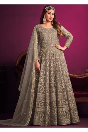 Net embroidered abaya style Anarkali suit in Grey colour 5001